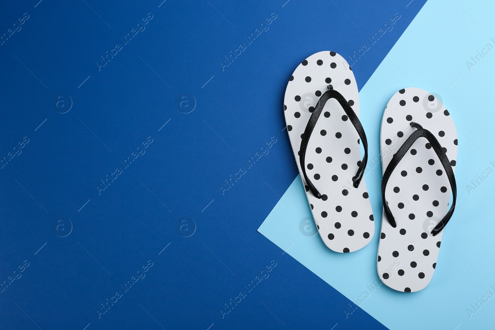 Photo of Stylish flip flops on color background, flat lay. Space for text