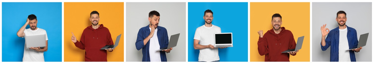 Image of Collage with photos of man holding modern laptops on different color backgrounds. Banner design