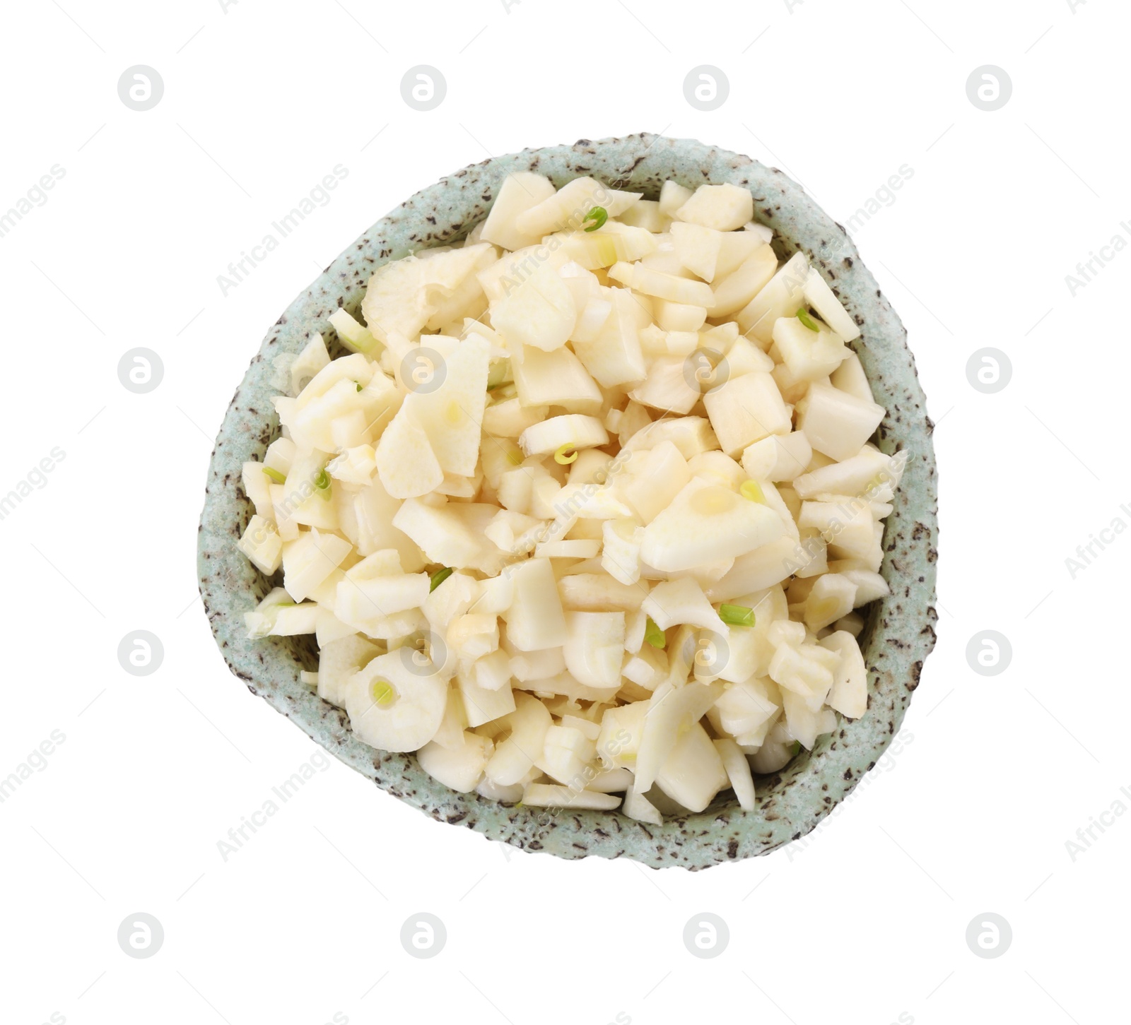 Photo of Pieces of fresh garlic in bowl isolated on white, top view