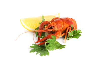 Photo of Delicious red boiled crayfish with lemon and parsley isolated on white