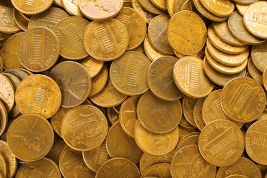 Photo of Pile of US coins as background, top view