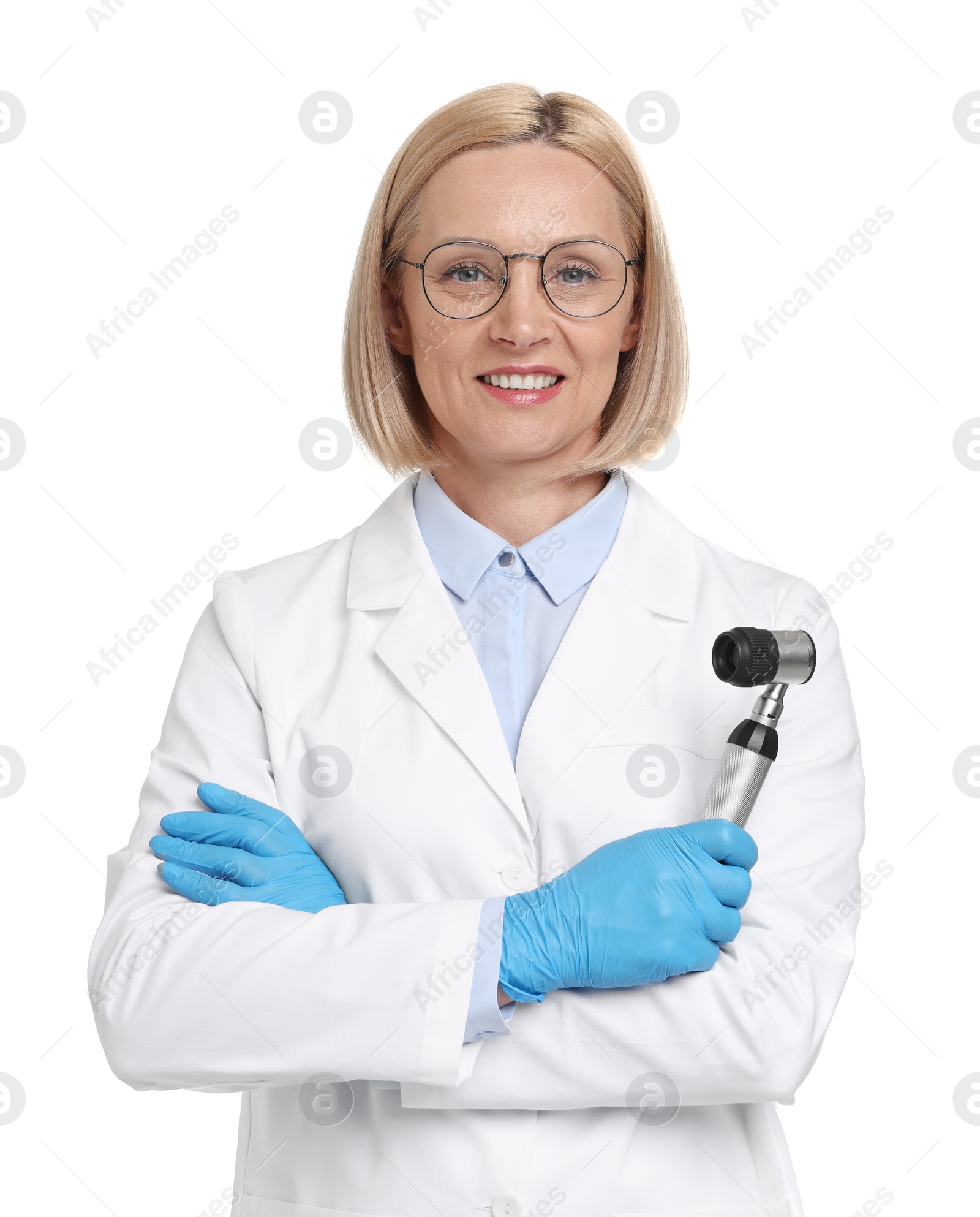 Photo of Happy dermatologist with dermatoscope isolated on white