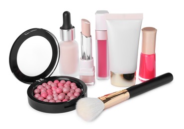 Different luxury cosmetic products on white background