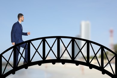 Confident businessman walking over drawn bridge and blurred view of cityscape on background Connection, relationships, support and deal concept