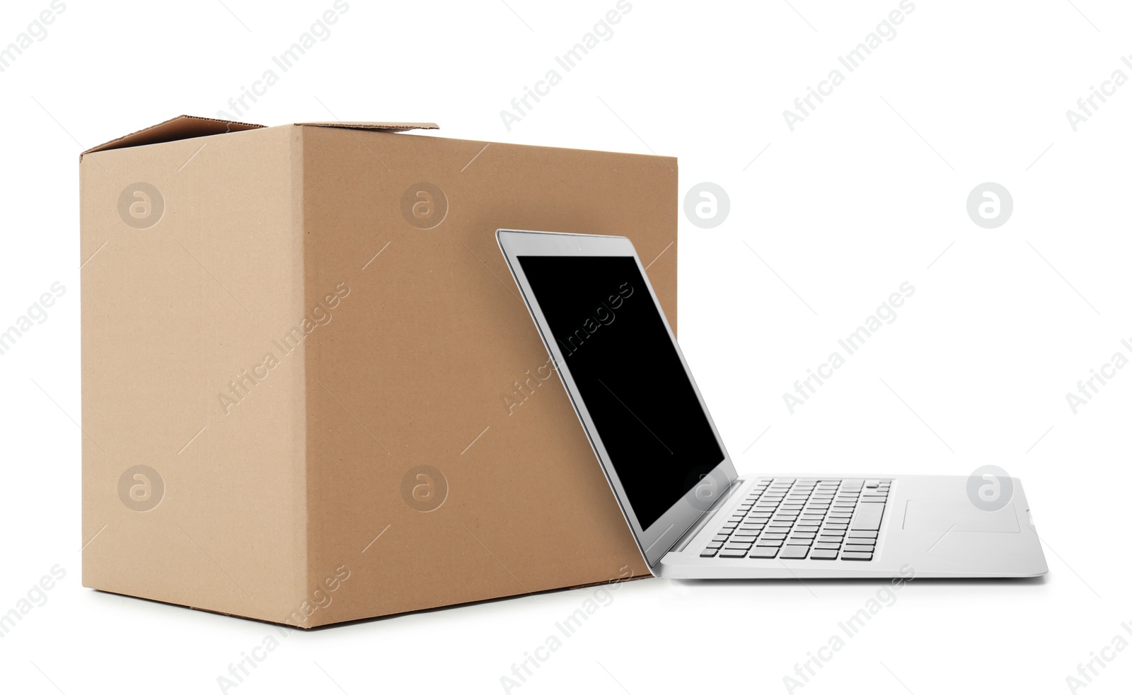 Image of Online selling. Laptop and parcel on white background