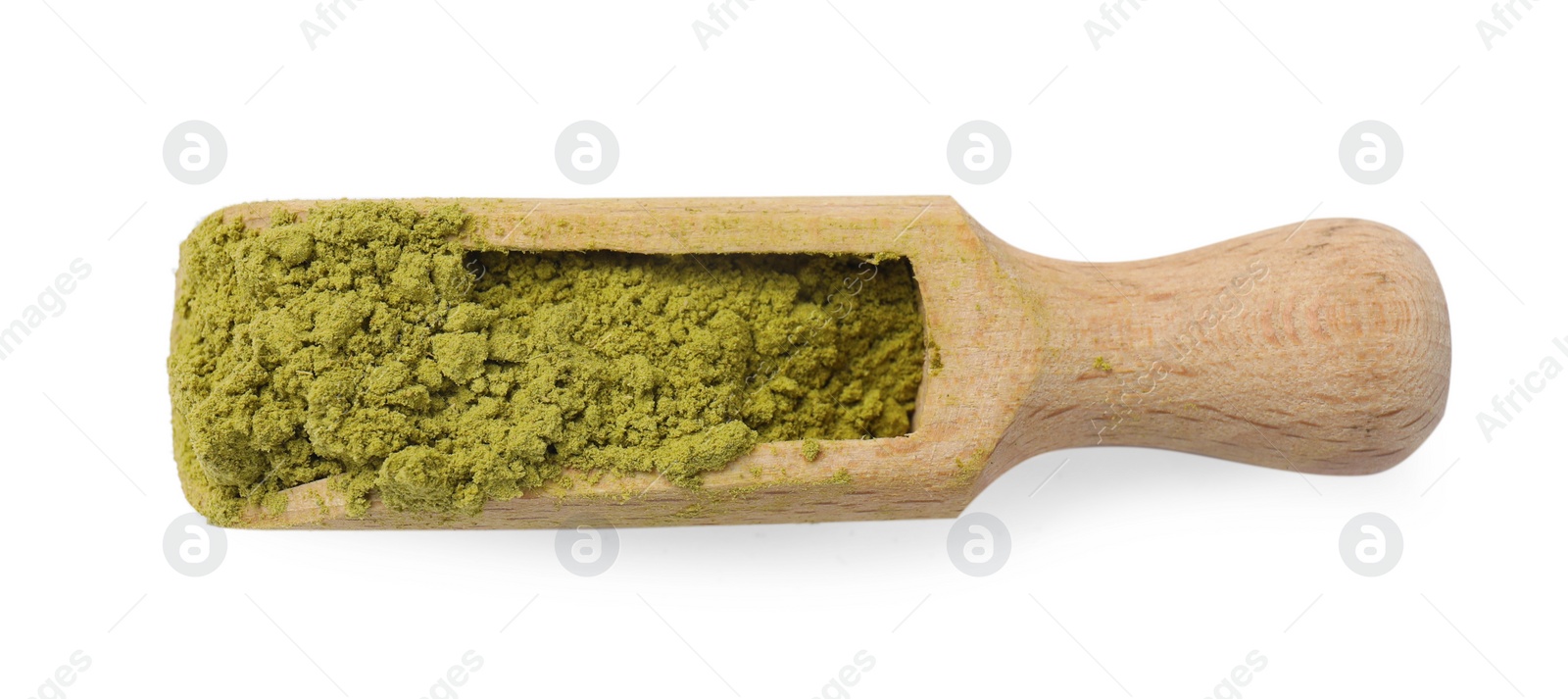 Photo of Henna powder in wooden scoop isolated on white, top view