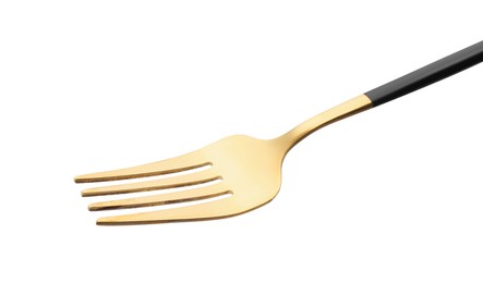 Photo of One shiny golden fork with black handle isolated on white, closeup