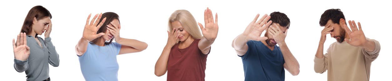 Image of Embarrassed people covering faces on white background, set with photos