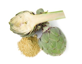 Fresh artichokes and powder isolated on white, top view