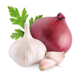 Image of Garlic, red onion and parsley isolated on white