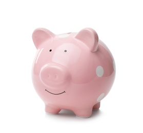 Photo of Cute pink piggy bank on white background. Money saving