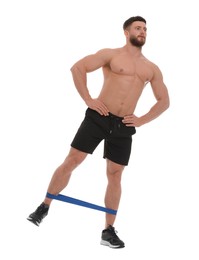 Young man exercising with elastic resistance band on white background