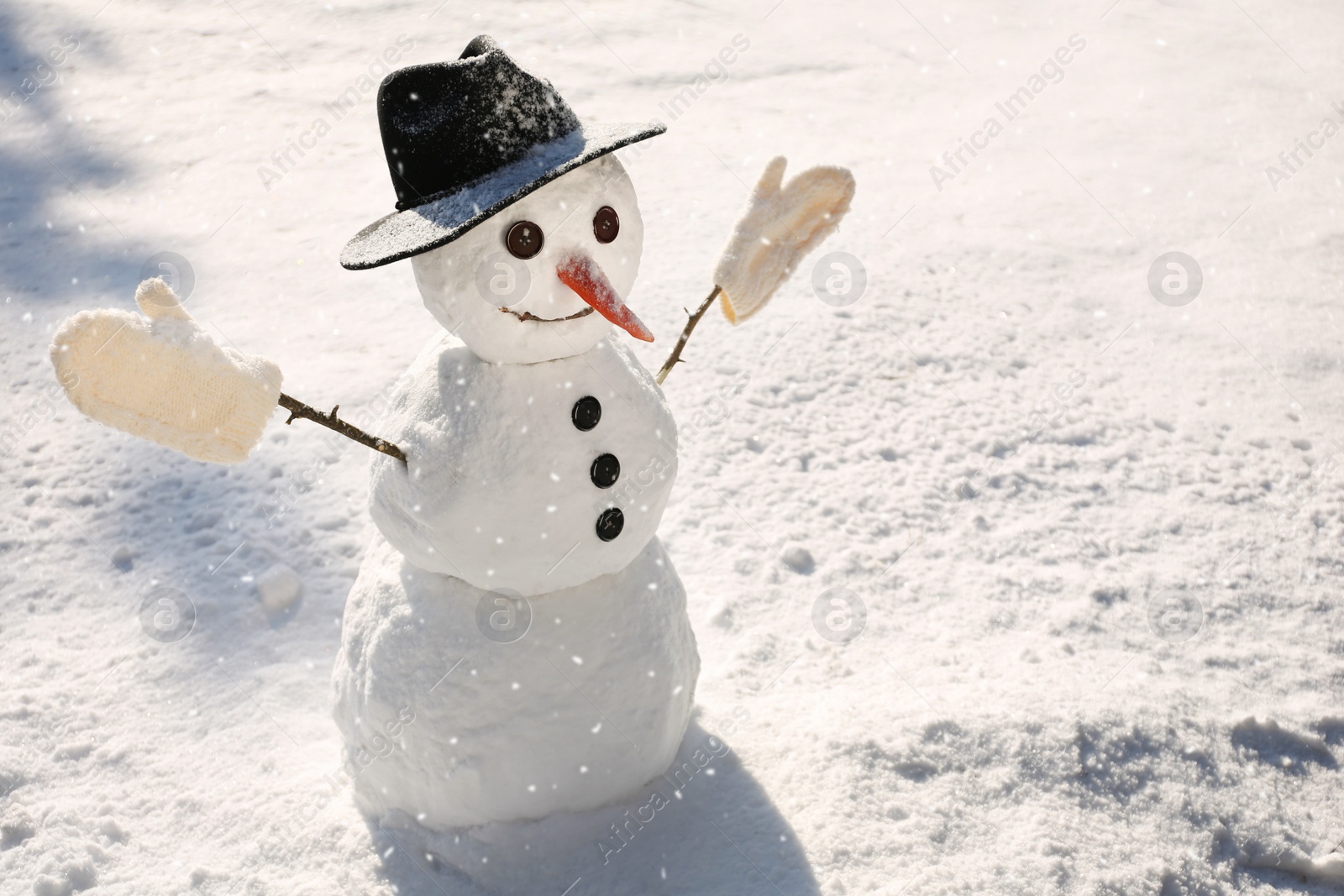 Photo of Funny snowman with hat and mittens outdoors on sunny day. Space for text