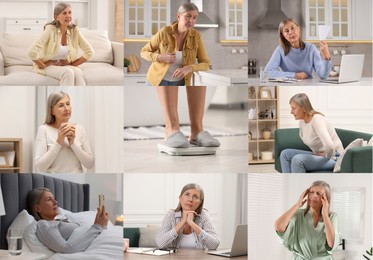 Image of Menopause, collage with photos of woman suffering from different symptoms