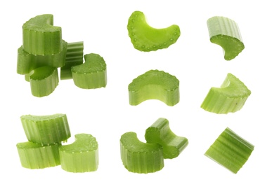 Collage with fresh green celery on white background