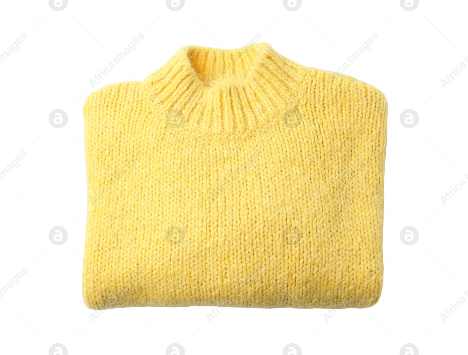 Photo of Folded yellow sweater isolated on white, top view