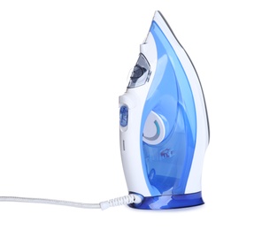 Photo of Modern electric iron on white background. Household appliance