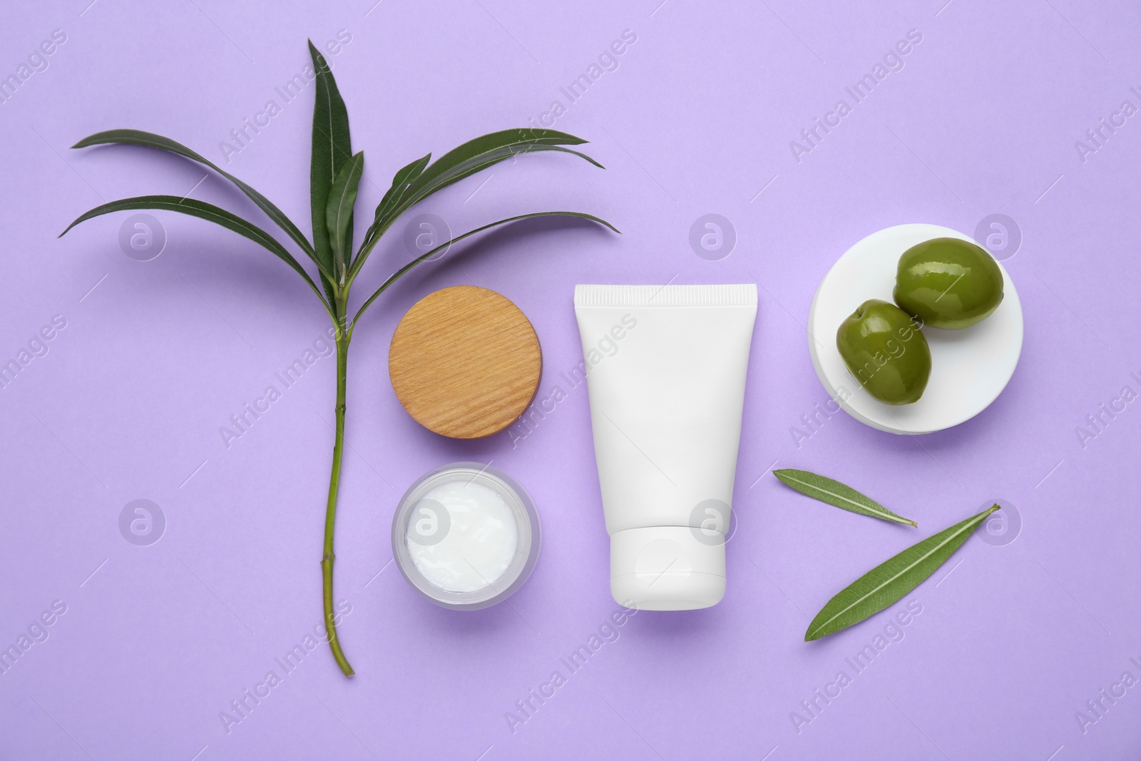 Photo of Tube and jar of cream with olive essential oil on violet background, flat lay
