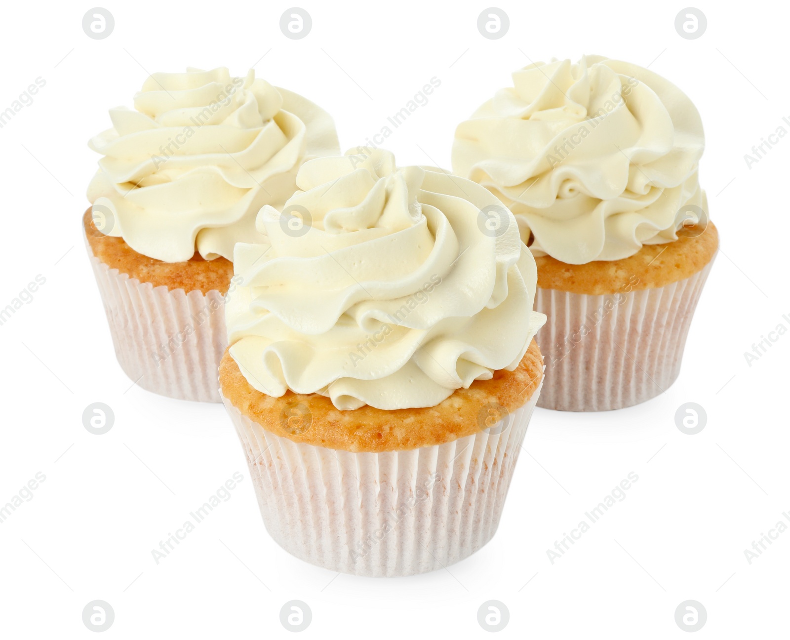 Photo of Tasty vanilla cupcakes with cream isolated on white