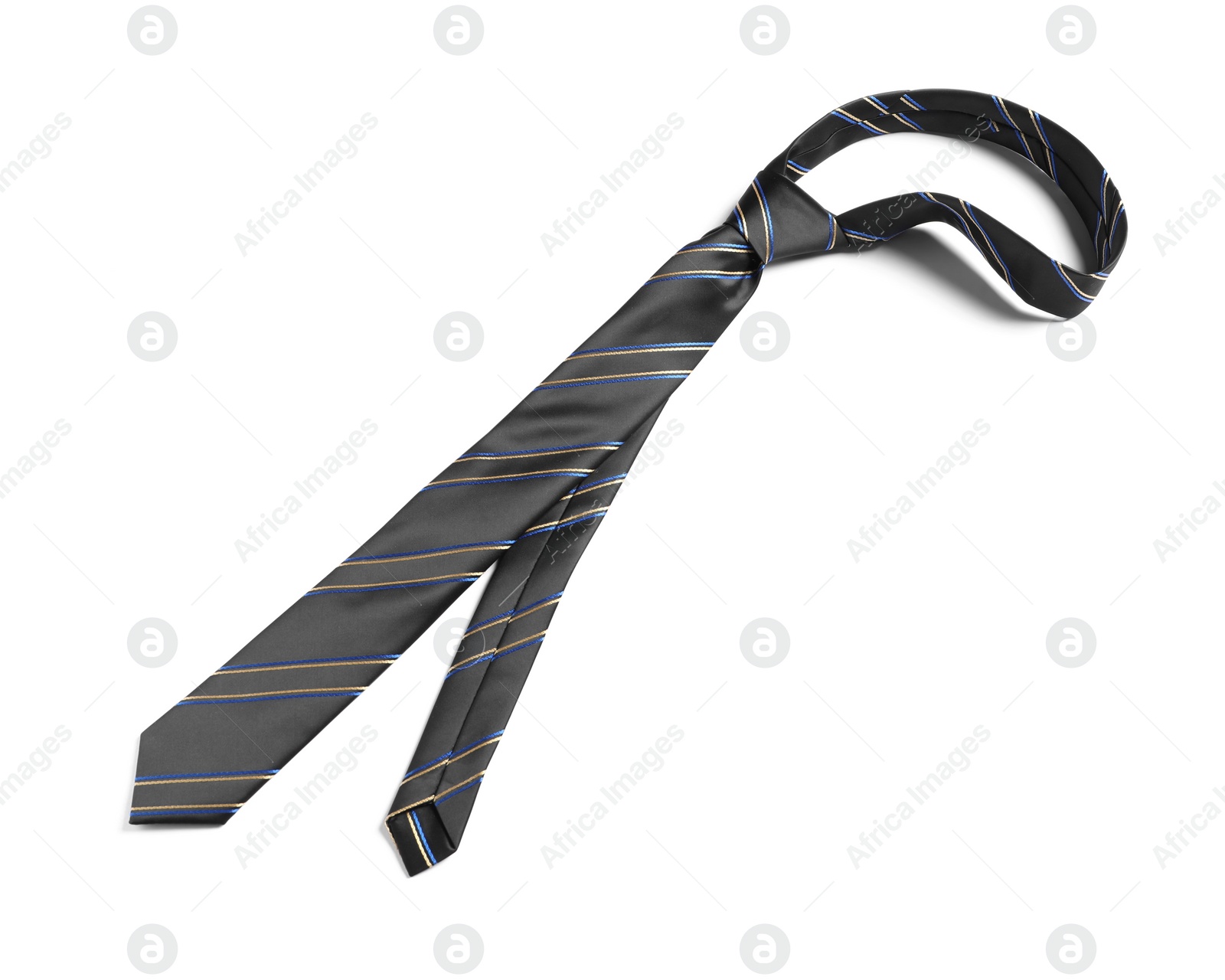 Photo of One striped necktie isolated on white, top view