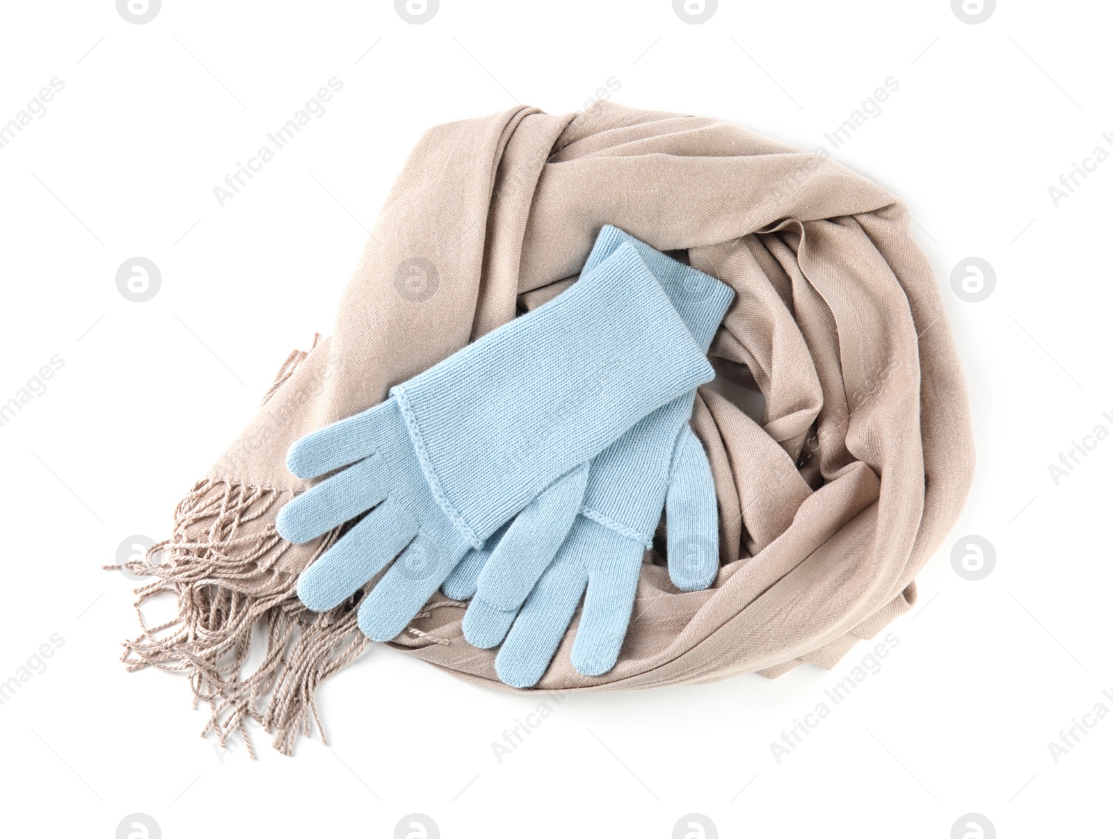 Photo of Stylish gloves and scarf on white background, top view. Autumn clothes