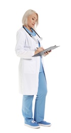 Full length portrait of female doctor with clipboard isolated on white. Medical staff