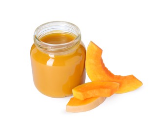 Tasty baby food in jar and fresh pumpkin isolated on white