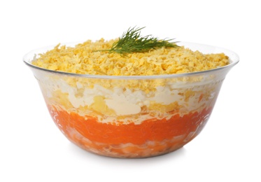 Traditional russian salad Mimosa on white background