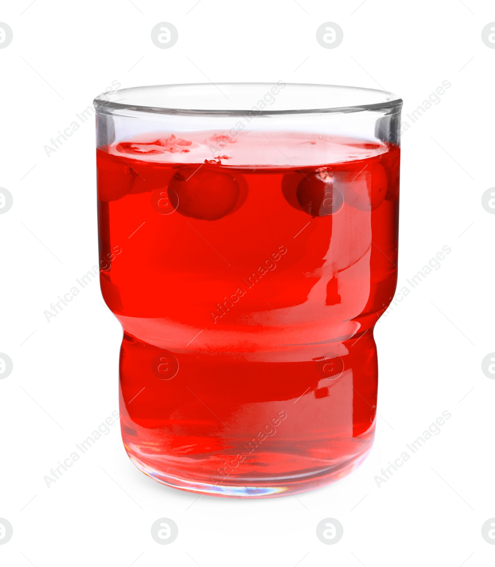 Photo of Tasty cranberry juice in glass and fresh berries isolated on white