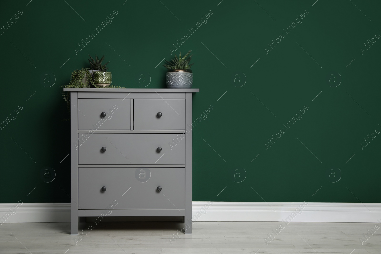 Photo of Modern chest of drawers with houseplants near green wall indoors. Space for text