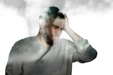 Image of Headache. Double exposure of man and tornado on white background