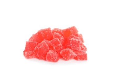 Photo of Delicious red candied fruit pieces on white background