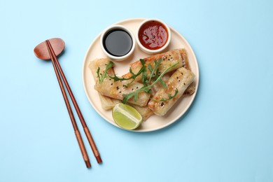 Photo of Tasty fried spring rolls served on light blue table, flat lay