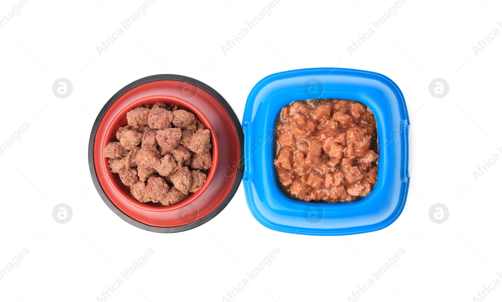 Photo of Wet pet food in feeding bowls isolated on white, top view