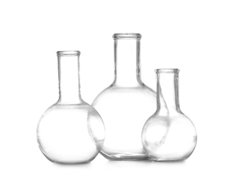 Photo of Empty Florence flasks on white background. Chemistry glassware