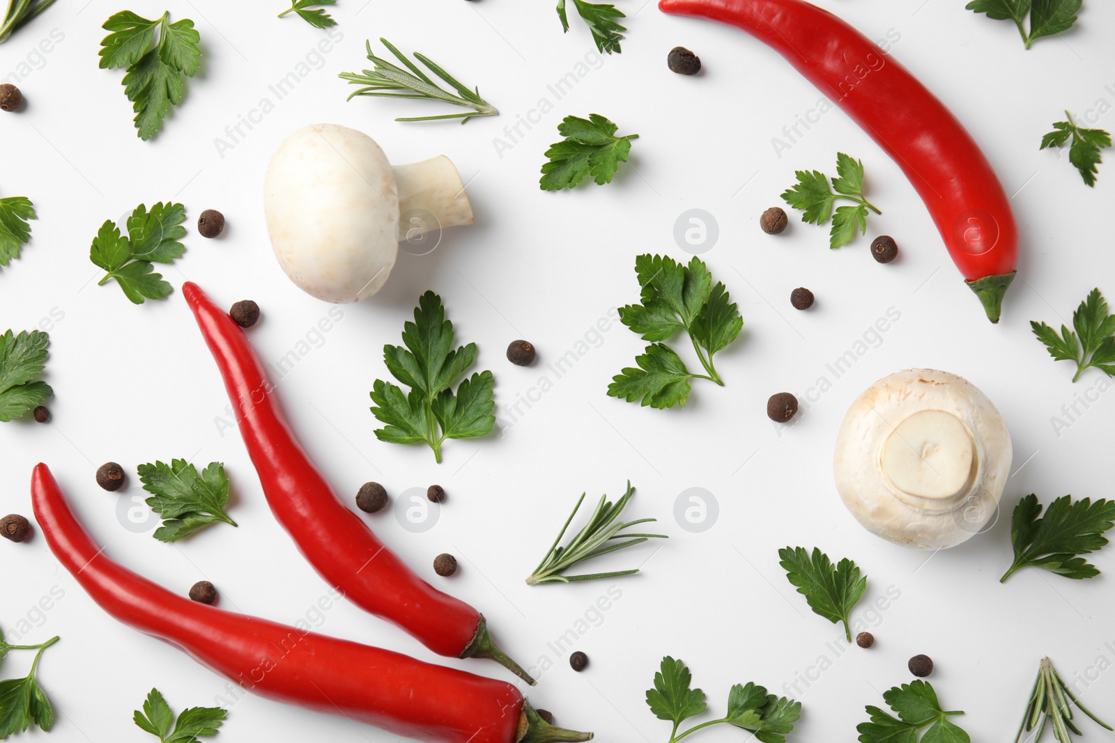 Photo of Flat lay composition with green parsley, rosemary, pepper and mushrooms on white background