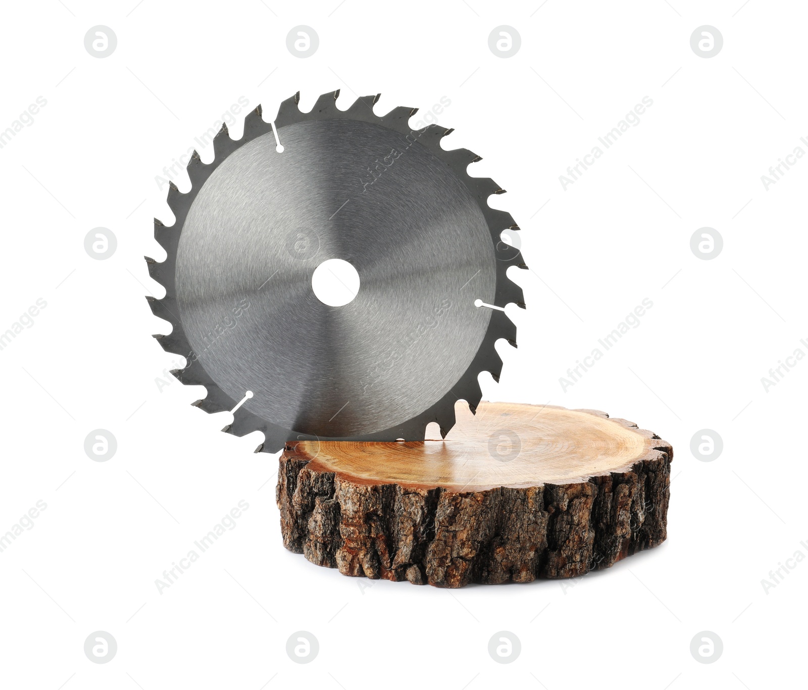 Photo of Wooden cut with saw disk isolated on white. Carpenter's tool