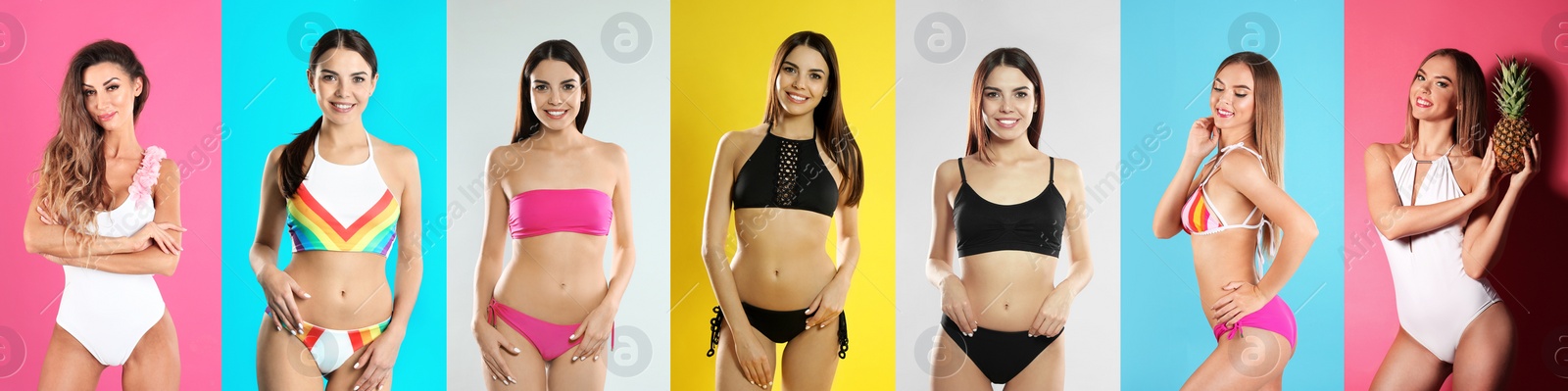 Image of Collage with photos of women wearing bikini on different color backgrounds. Banner design