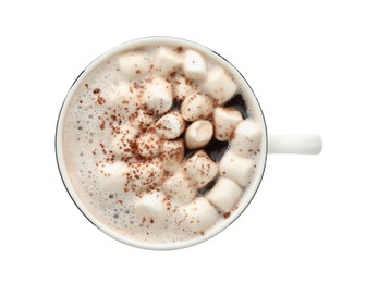 Photo of Cup of aromatic hot chocolate with marshmallows and cocoa powder isolated on white, top view