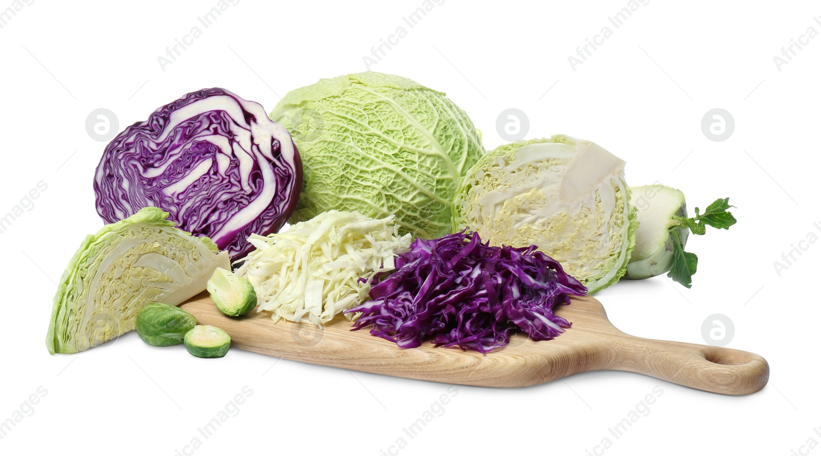 Photo of Different whole and cut types of cabbage on white background