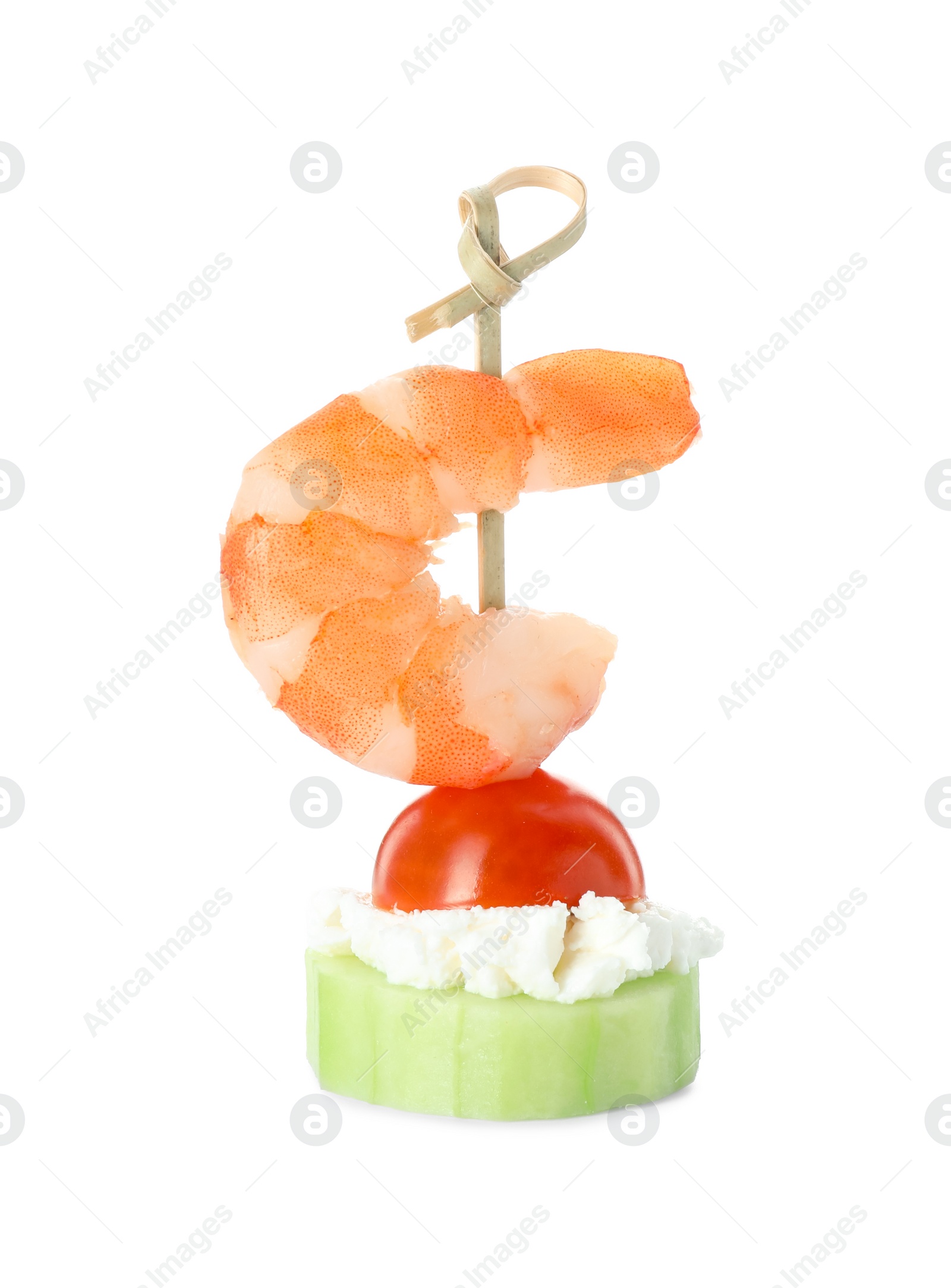 Photo of Tasty canape with shrimp, vegetables and cream cheese isolated on white