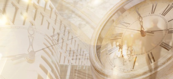 Image of Time related concepts. Multiple exposure of clocks, office buildings and people. Banner design
