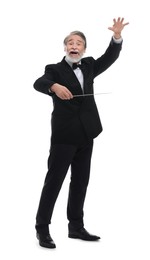 Photo of Emotional conductor with baton on white background