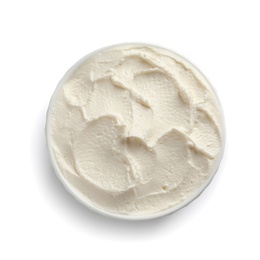 Bowl of tasty cream cheese on white background, top view