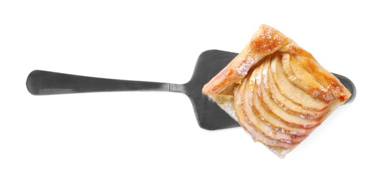 Photo of Cake server with piece of delicious apple pie isolated on white, top view