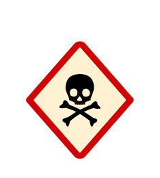 Illustration of Skull and crossbones in red rhombus on white background as warning symbol