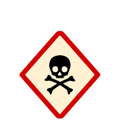 Skull and crossbones in red rhombus on white background as warning symbol