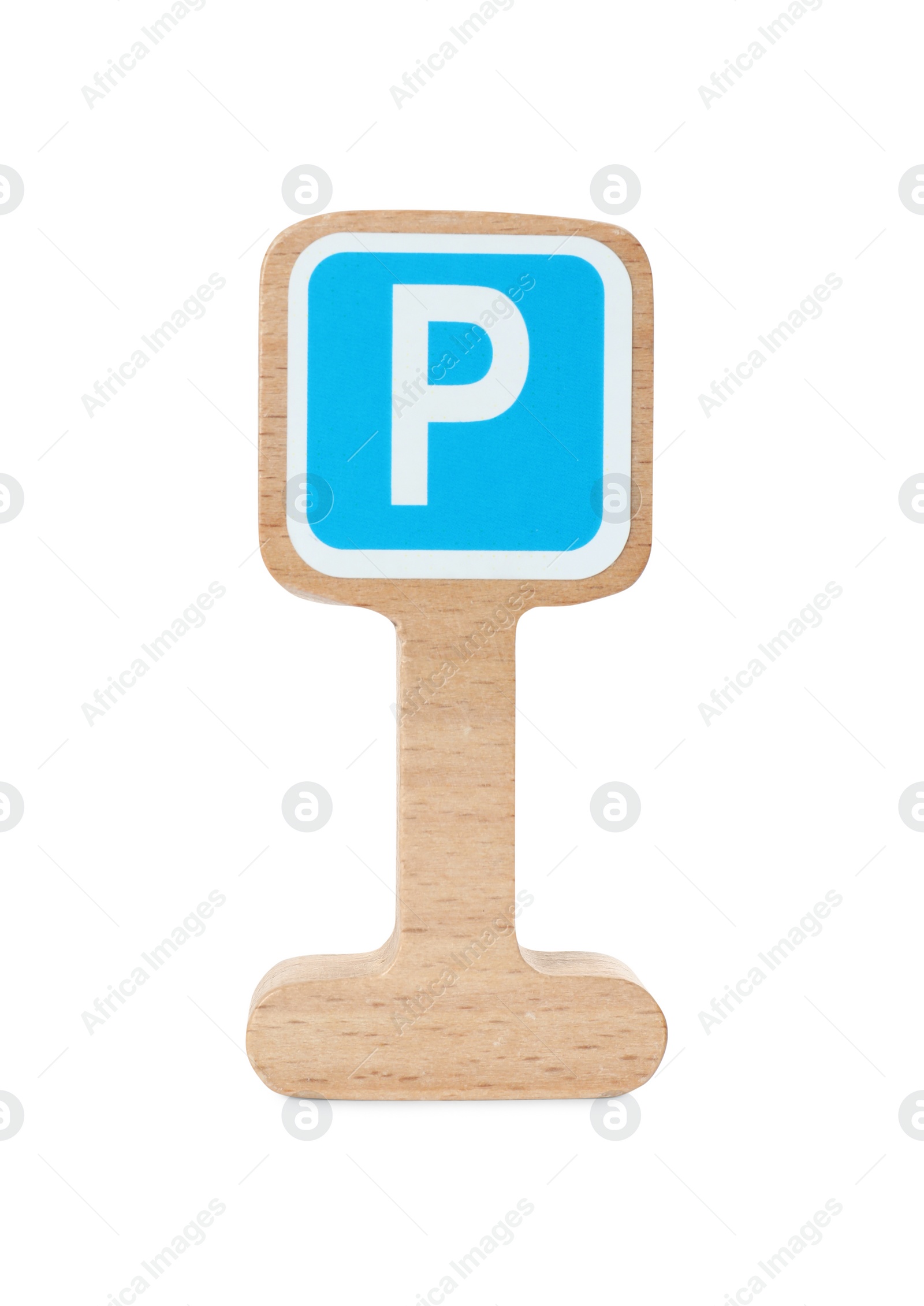 Photo of Wooden road sign isolated on white. Children's toy