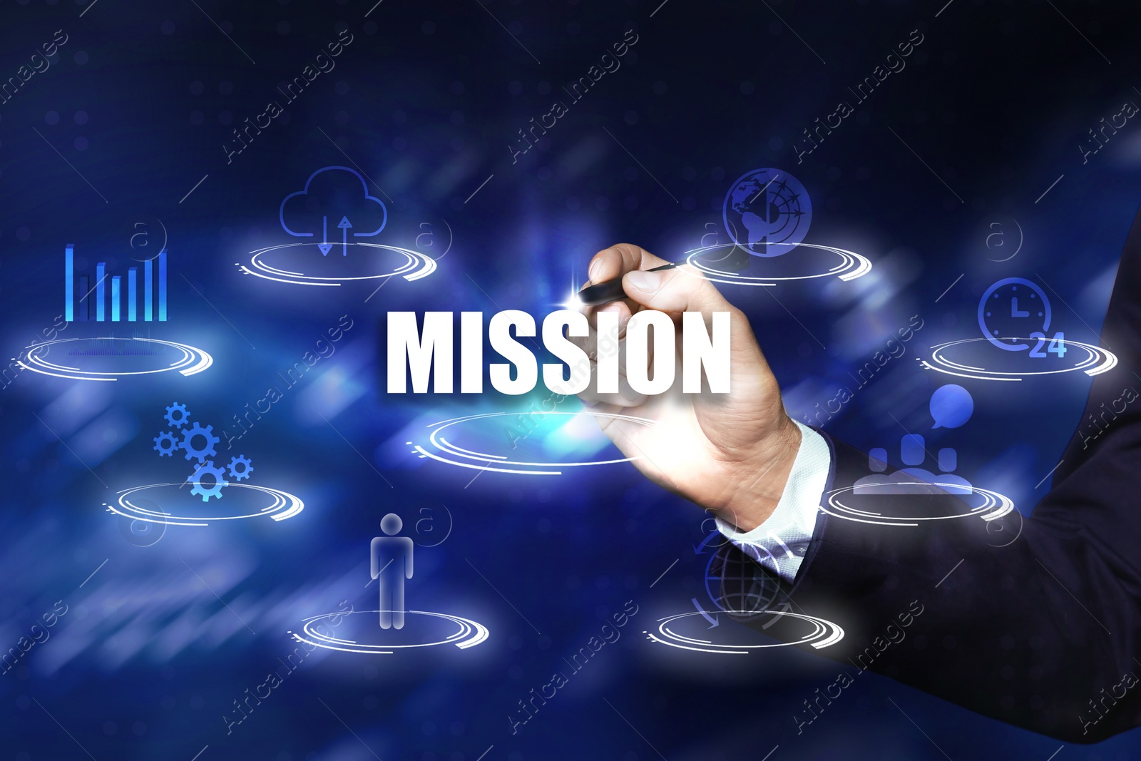 Image of Mission and business concept. Man using virtual screen, closeup