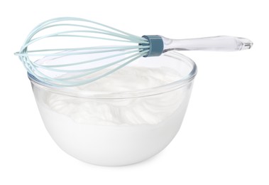 Photo of Bowl with whipped cream and whisk isolated on white